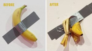 student eats art piece banana